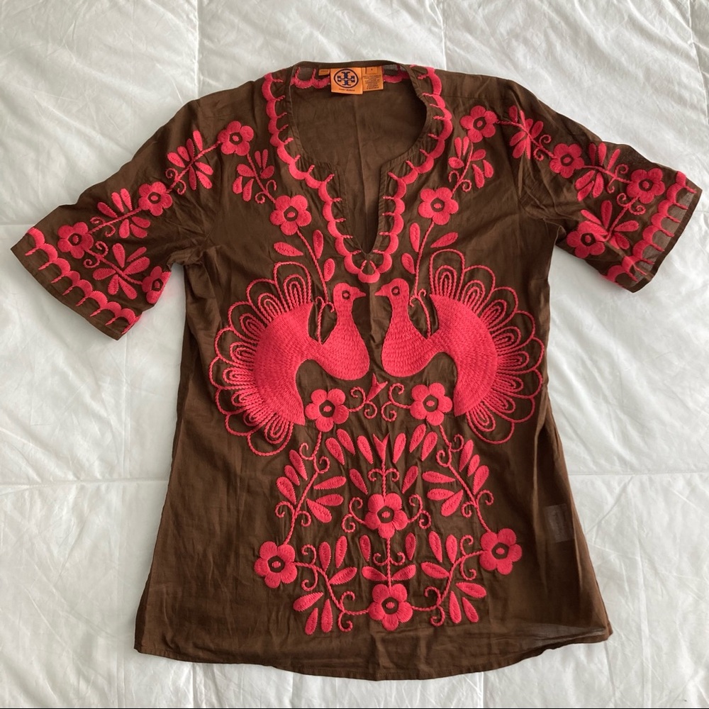 Tory Burch, brown, embroidered short sleeve shell / shirt, size 6, 100% Cotton